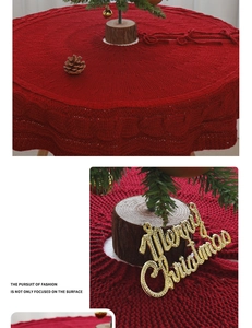 Close-up of red cable knit Christmas tree skirt with festive texture and pine cone decor
