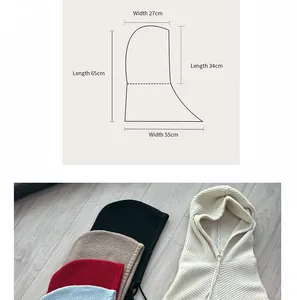 Size guide for knitted balaclava hood showing 65cm length and 55cm bottom opening