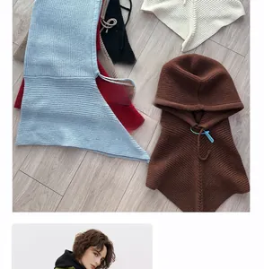 Close-up of chunky knit balaclava in various colors with adjustable drawstrings