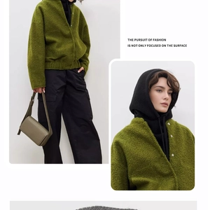 Olive green knit balaclava and jacket set styled with matching crossbody bag for autumn
