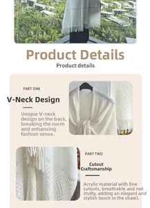 Detail of V-neck knitted shawl with intricate hollow-out patterns and soft fringe trim