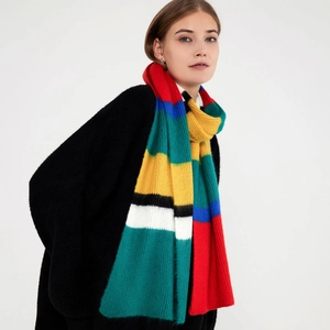 Colorful striped mohair knit scarf for women with red yellow and blue block patterns
