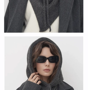 Detail of grey ribbed knit balaclava showing thick wool texture and hooded scarf design
