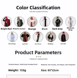 Detail specifications for knitted hooded scarf showing materials and color chart
