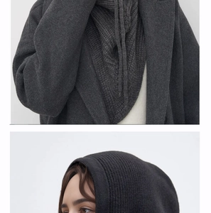 Close-up of deep gray ribbed knit balaclava showing soft texture and drawstring detail