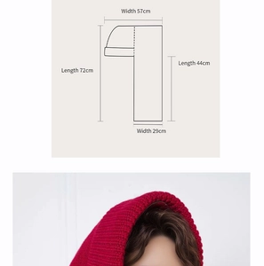 Detailed size chart of red knit hooded scarf showing 57cm width and 72cm length dimensions