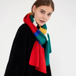 Colorful striped mohair knit scarf with vibrant red yellow blue blocks for women