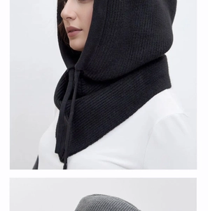 Close-up of knit texture and adjustable drawstring on black and gray balaclava