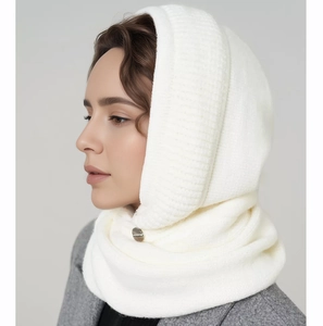Detail of white knitted balaclava with warm ribbed edges and a vintage metal button