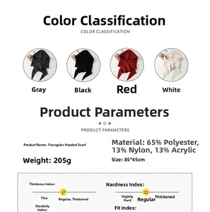 Detailed product specifications and size chart for the hooded knitted wool triangle scarf