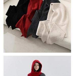 Detail of ribbed knit hooded scarf showing soft texture and multiple color options