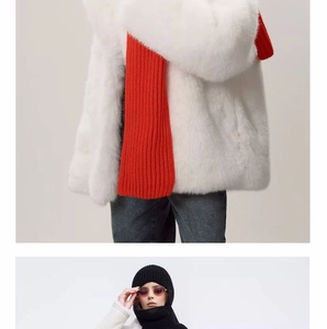 Detail of red chunky knit scarf and black hooded knit beanie with white faux fur coat