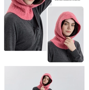 Detailed close-up of pink cable knit balaclava showing soft wool blend texture