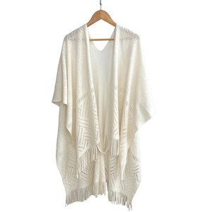 Bohemian hollow knit shawl with fringe details in cream white open front style