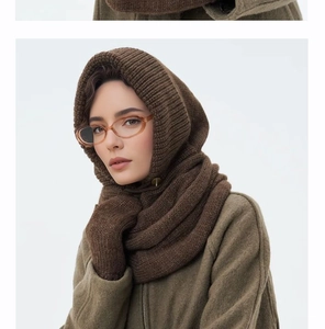Detail of dark brown knitted balaclava hood and matching gloves set in ribbed texture