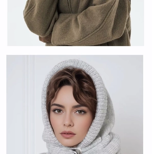 Detail of light grey ribbed knit balaclava hooded scarf with elegant button closure