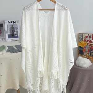 Women Vintage Ethnic Hollow Out Knit Shawl With Tassels Polyester Jacquard Crochet Poncho Open Front Decorative Wrap