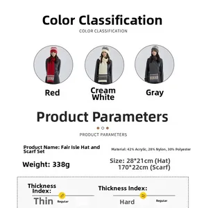 Size and material details chart for Fair Isle knit scarf and hat set in three colors