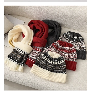 Close-up of Fair Isle knit scarf and hat sets in cream, red, and charcoal colors