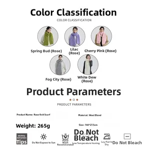 Detailed size and material chart for thick cable knit wool blend winter scarf in five colors