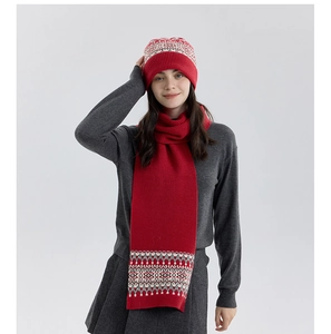 Close-up of red Fair Isle knit hat and scarf set with white geometric patterns