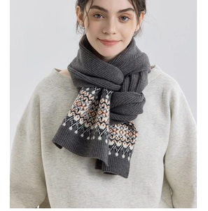 Detailed knit texture of Nordic Fair Isle scarf with ribbed finish and grey pattern
