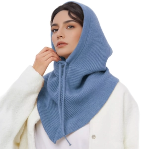 Solid color navy knit hooded scarf with drawstring for winter warmth and comfort