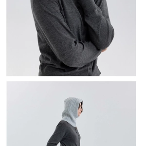 Close-up of texture on dark grey wool blend knit cardigan and light grey balaclava hat