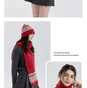Detailed close-up of festive red knit hat and scarf set with Nordic geometric patterns