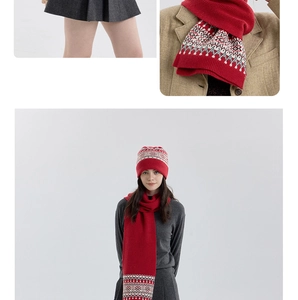 Detail of red Nordic Fair Isle knit hat and scarf set with classic geometric patterns