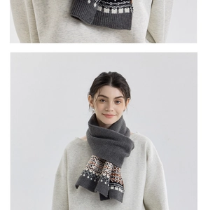 Close-up of Fair Isle jacquard knit scarf in dark grey with thick wool texture
