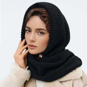 Winter knitted balaclava hood with golden buckle in ribbed warm black fabric