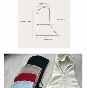 Detailed size chart for knitted balaclava hood showing length and width measurements