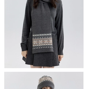 Close-up of vintage Fair Isle knit scarf and beanie set with grey geometric patterns