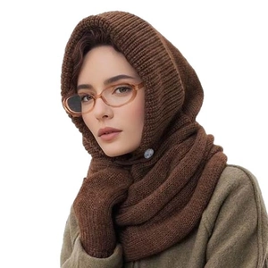 Brown knitted hooded scarf with buttons and matching gloves for winter warmth