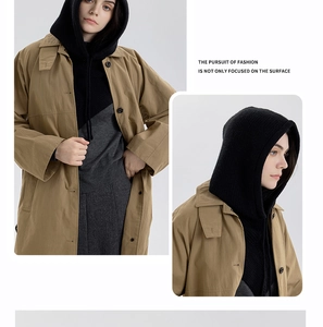 Detail of black knitted balaclava hood paired with a khaki winter coat for windproof warmth
