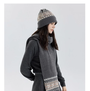 Detail of dark grey Fair Isle knit hat and scarf set with geometric pattern for winter