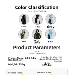 Specifications chart for hooded scarf showing wool blend fabric details and six colors