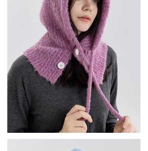 Close-up of wool blend balaclava with white button closure and textured knit details