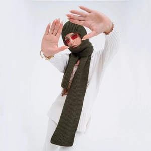 Olive green knitted balaclava and long scarf set for winter warmth and fashion