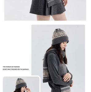 Detailed close-up of dark grey Fair Isle knit hat and scarf set with Nordic pattern