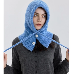 Detail of blue knitted balaclava hood showing soft mohair texture and white button closure