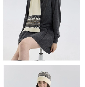 Detail of Fair Isle knit beanie and scarf set with beige and grey geometric patterns