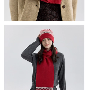 Close-up of Nordic fair isle snowflake pattern on a red knitted winter scarf and hat