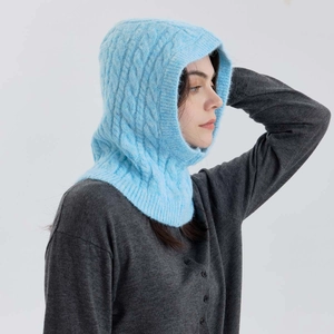 Cable Knit Wool Blend Balaclava Hat For Women Solid Color Warm Windproof Hood Beanie Winter Neck Protector Neck Gaiter