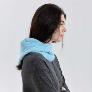Sky blue cable knit balaclava hood scarf with ribbed edges for warm winter wear