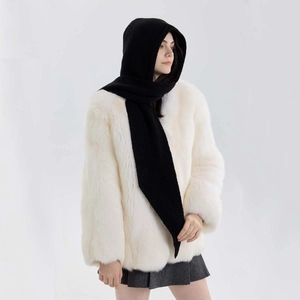 Women's black knitted balaclava hooded scarf with windproof design for autumn and winter