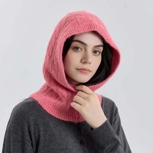 Pink wool blend cable knit balaclava hat providing winter warmth and neck protection