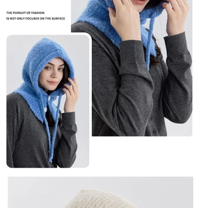 Close-up of blue wool blend knit balaclava showing soft texture and button details
