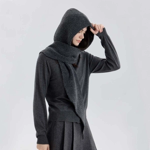 Women's dark grey hooded knit scarf shawl wrap made of warm cashmere blend fabric